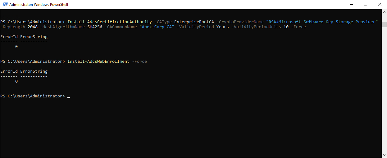 PowerShell output showing Install-AdcsCertificationAuthority completed successfully