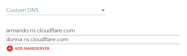 Namecheap custom DNS section with Cloudflare nameservers pasted in
