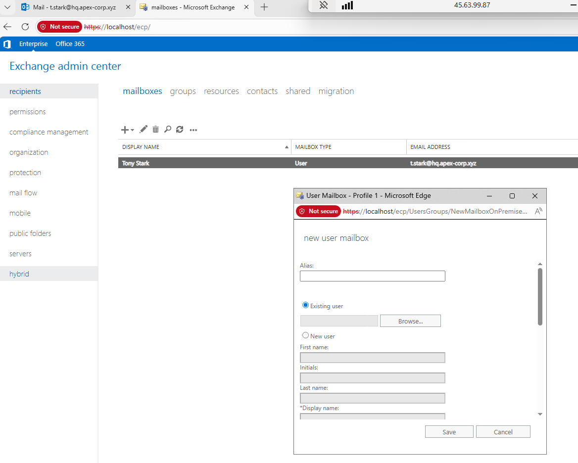 Exchange Admin Center showing user mailbox creation menu with Tony Stark listed