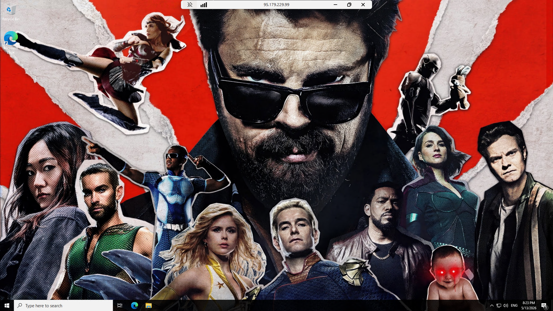 Windows desktop of FLATIRON showing The Boys cast wallpaper with Hughie and Starlight