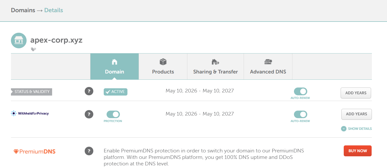 Namecheap domain purchase showing apex-corp.xyz successfully bought