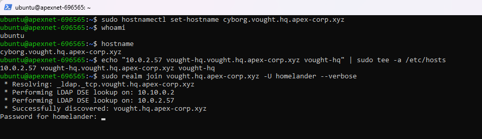 Terminal showing hostnamectl set-hostname command and attempting to join vought.hq.apex-corp.xyz