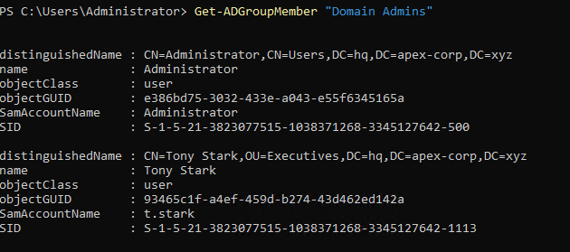 PowerShell Get-ADGroupMember output showing Domain Admins: Administrator, Tony Stark, and homelander