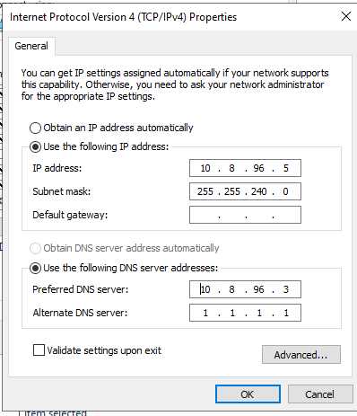 IPv4 Properties window updating DNS settings to point to the Domain Controller IP 10.8.96.3