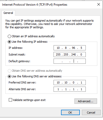 IPv4 Properties window showing static IP set to 10.8.96.5 and DNS pointed to 10.10.0.1