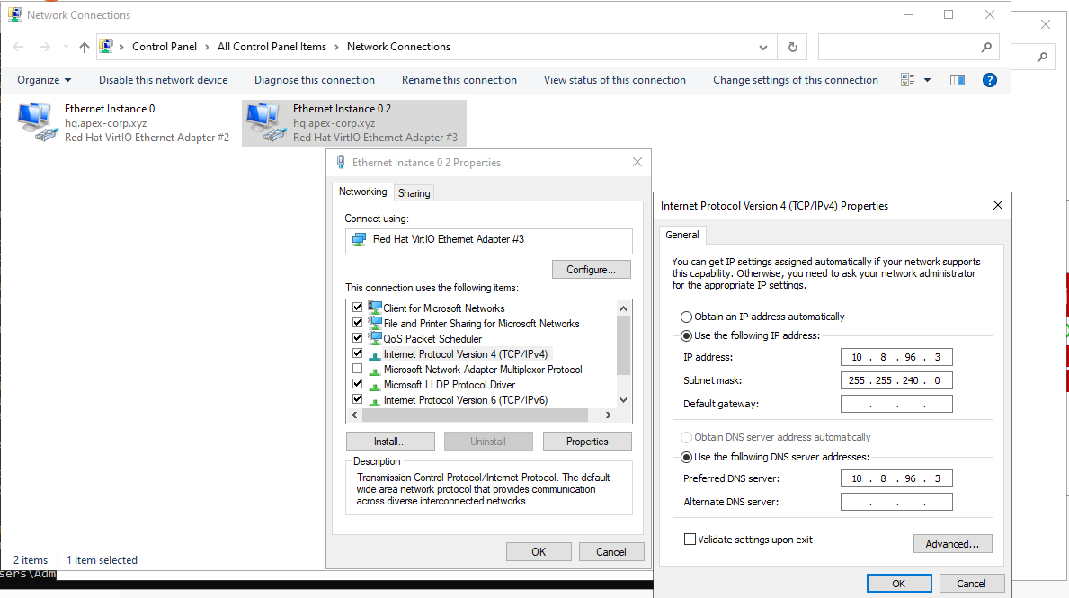 IPv4 Properties dialog showing static IP set to the Vultr VPC subnet address with DC IP as DNS