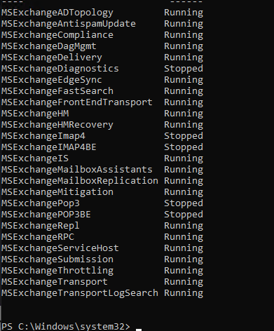 PowerShell showing running statuses of Microsoft Exchange transport, topology, and mailbox services