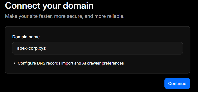 Cloudflare showing apex-corp.xyz domain added and pending nameserver update
