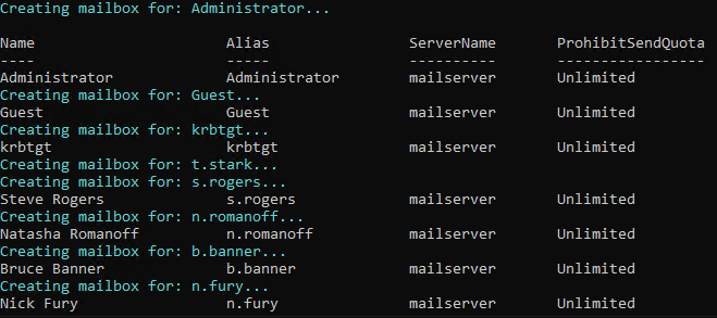 PowerShell script output enabling mailboxes for users Rogers, Romanoff, Banner, Fury, Stark