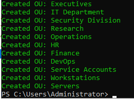 Active Directory Users and Computers showing all OUs created under hq.apex-corp.xyz