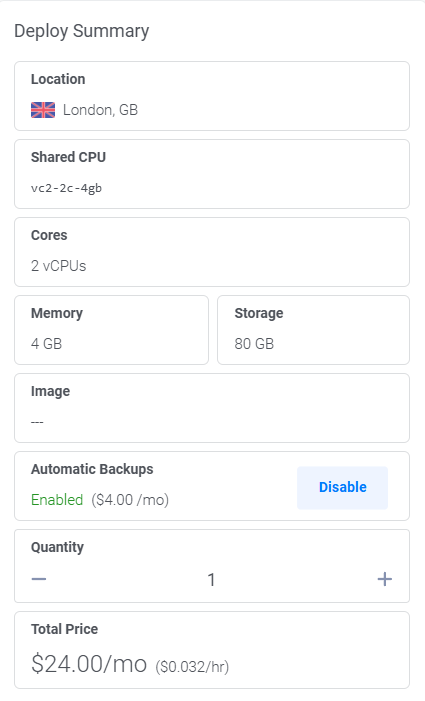 Vultr deploy page with an existing VPC network selected for the second machine