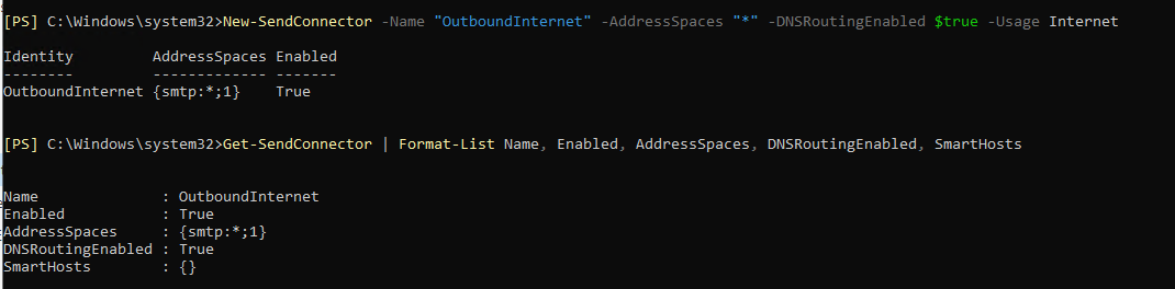 EMS terminal executing New-SendConnector for OutboundInternet with AddressSpaces set to wildcard