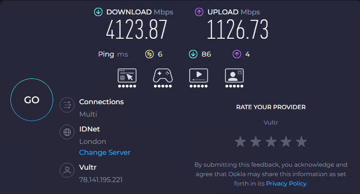 Speed test showing approximately 4000 Mbps download on the Vultr VPS
