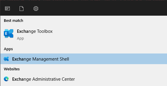 Windows Start Menu showing search result for Exchange Management Shell