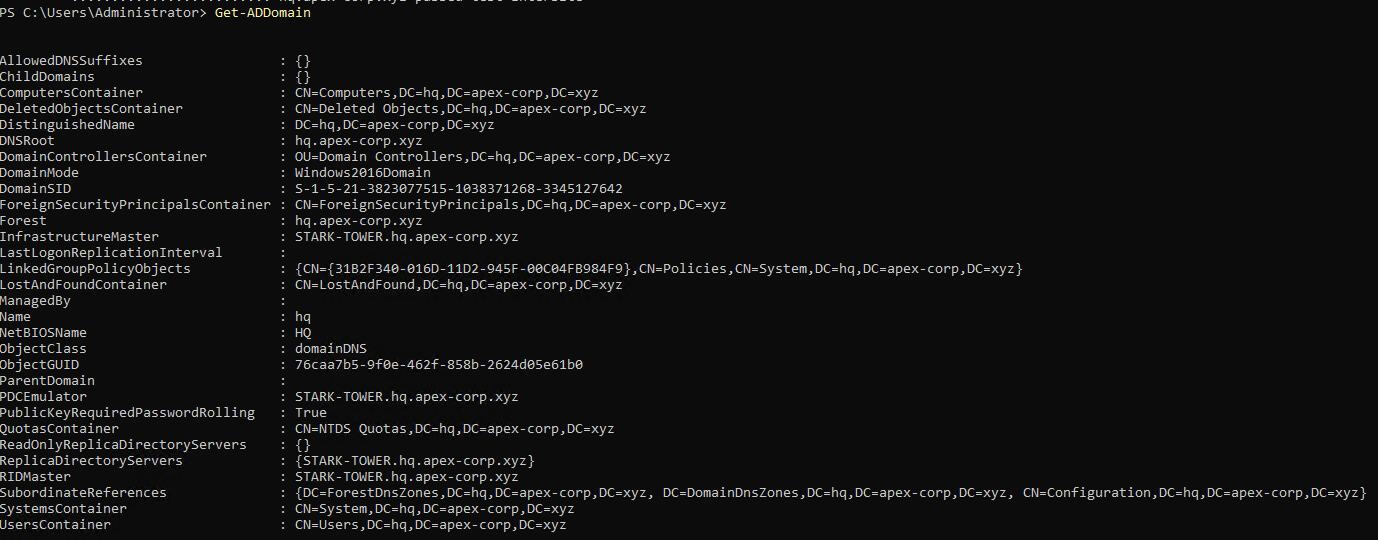 PowerShell Get-ADDomain output showing hq.apex-corp.xyz forest and domain details