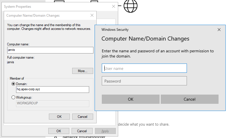 Windows Settings showing the Domain join dialog with hq.apex-corp.xyz entered
