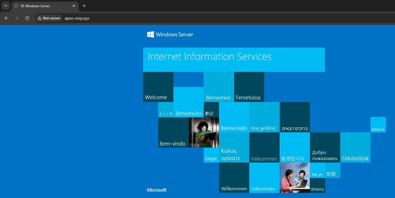 Browser showing IIS default web page when visiting hq.apex-corp.xyz — confirming DNS points to the DC