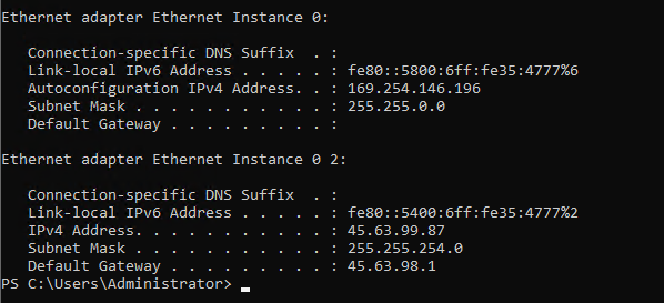ipconfig command output showing Ethernet adapter instance with autoconfigured IP and private IP