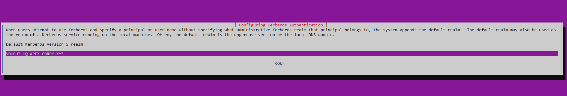 Linux terminal showing curses-style GUI asking for the default Kerberos realm with VOUGHT.HQ.APEX-CORP.XYZ entered