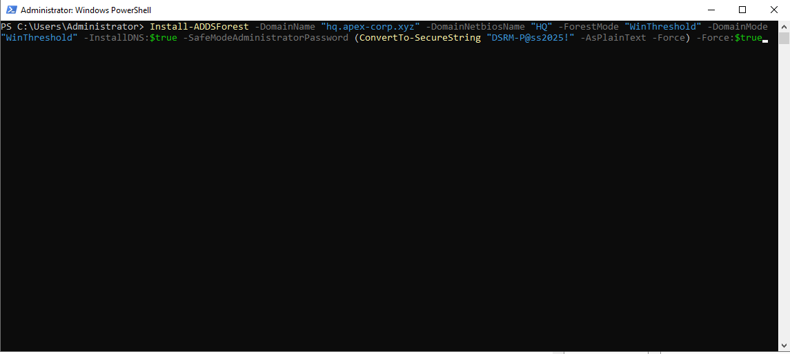 PowerShell running Install-ADDSForest command to create hq.apex-corp.xyz