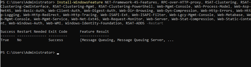 PowerShell Install-WindowsFeature output showing successful role deployment