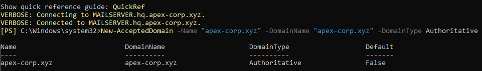 EMS terminal showing New-AcceptedDomain output confirming apex-corp.xyz is registered