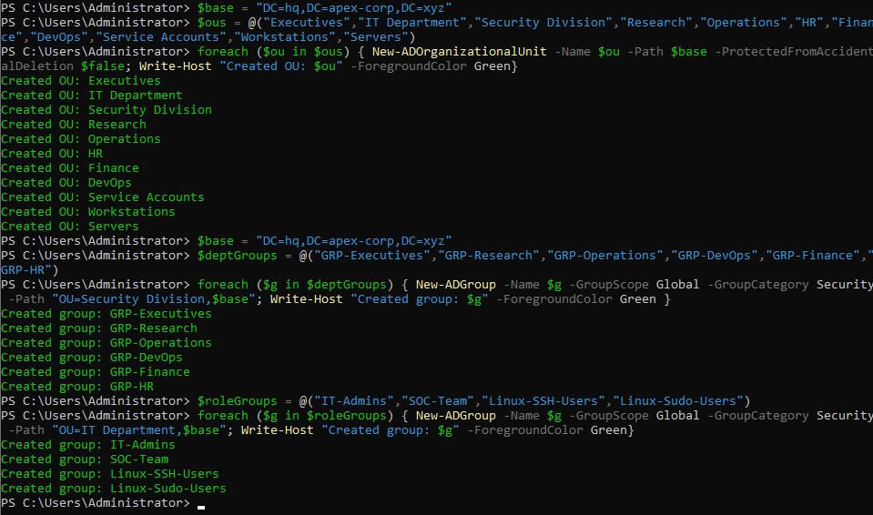 PowerShell showing the one-liner commands to create OUs and groups running in sequence