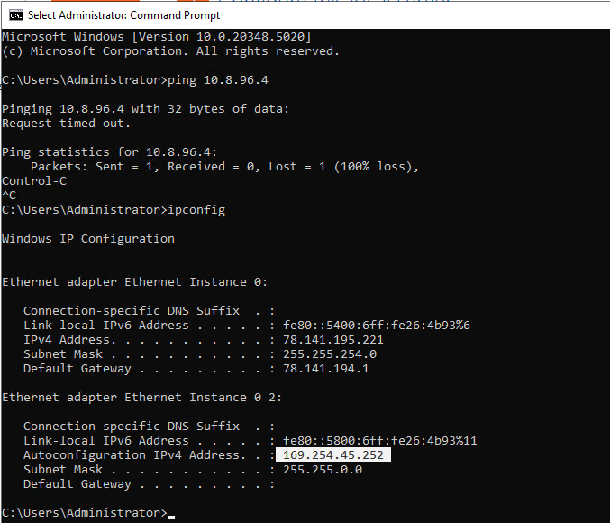 PowerShell ping failing because ipconfig shows 169.254.x.x link-local address instead of a proper IP