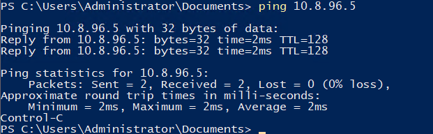 PowerShell ping from the Domain Controller to the Mail Server showing successful 2ms latency replies