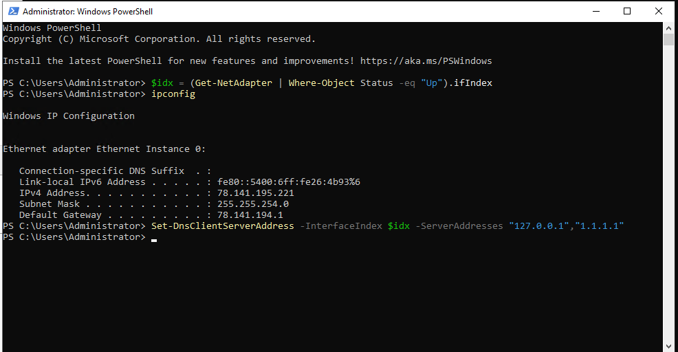 PowerShell showing DNS being set to 127.0.0.1 on the server adapter