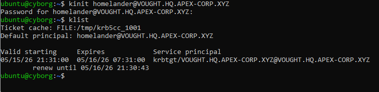 klist output showing a valid Kerberos ticket for homelander@VOUGHT.HQ.APEX-CORP.XYZ with expiry time