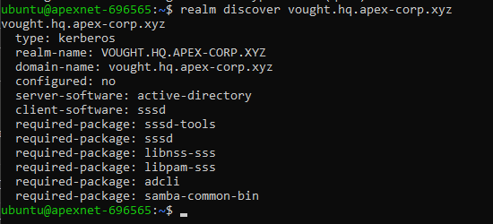 realm discover output showing vought.hq.apex-corp.xyz realm details including configured yes and realm-name