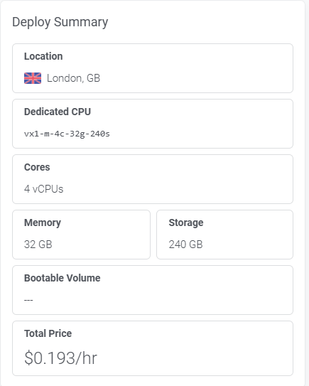 Vultr deploy summary showing London location, vx1-m-4c-32g-240s CPU plan with 4 vCPUs and 32 GB RAM