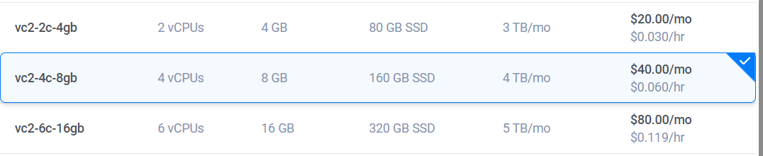 Vultr plan selection showing 4 vCPU and 8 GB RAM