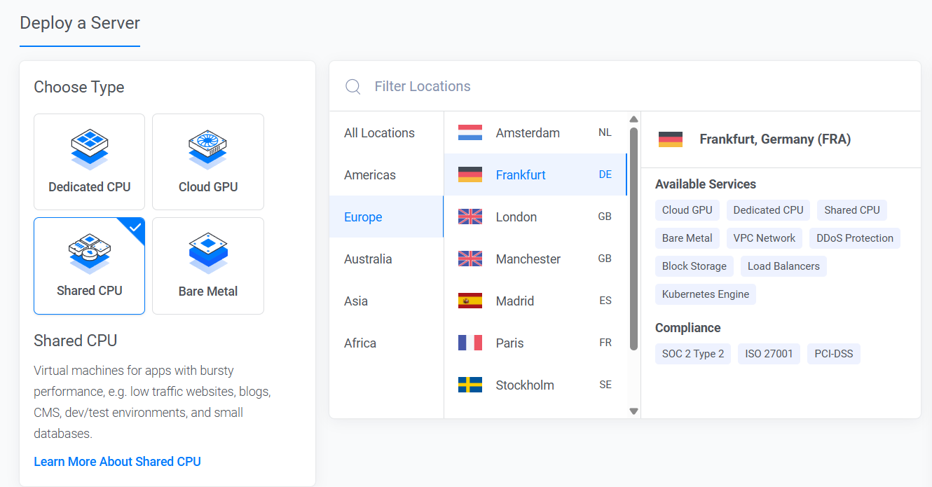 Vultr deploy page showing Cloud Compute server type selected
