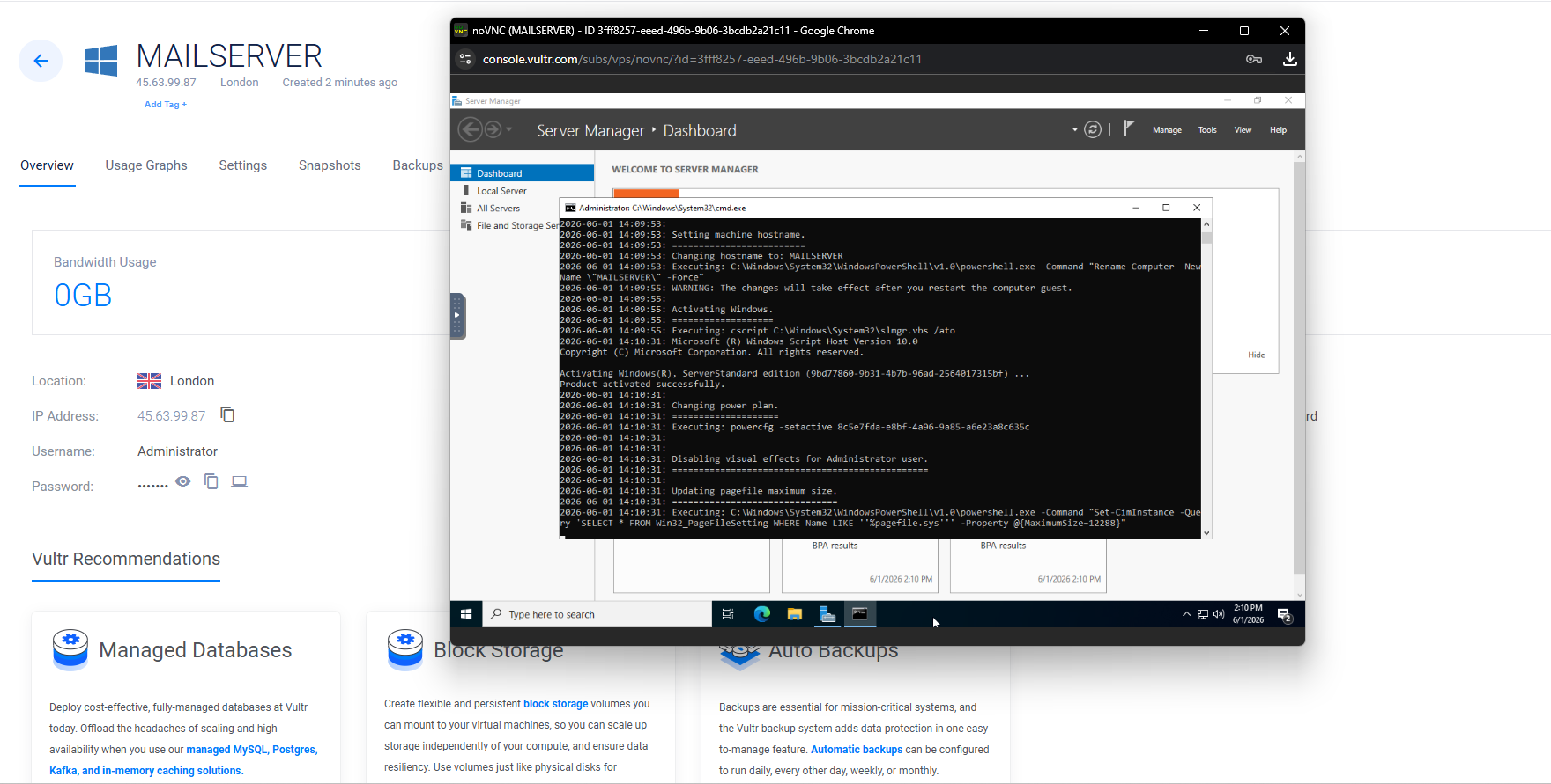 Vultr dashboard showing noVNC console with Windows Server 2022 boot script completing background configurations