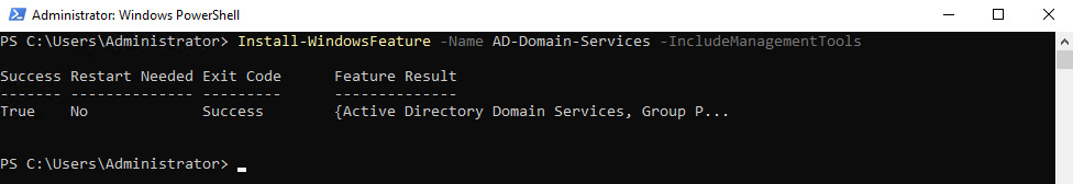 PowerShell showing Success output after AD-Domain-Services installation completed