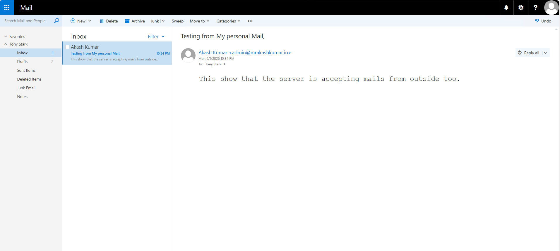 Tony Stark inbox in OWA showing email received from admin@mrakashkumar.in confirming external mail flows