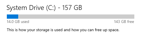 Windows system settings showing 157 GB storage on the C drive