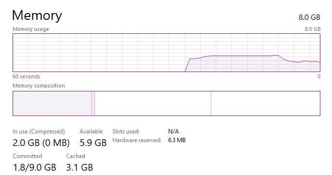 Windows Task Manager showing 8 GB RAM installed
