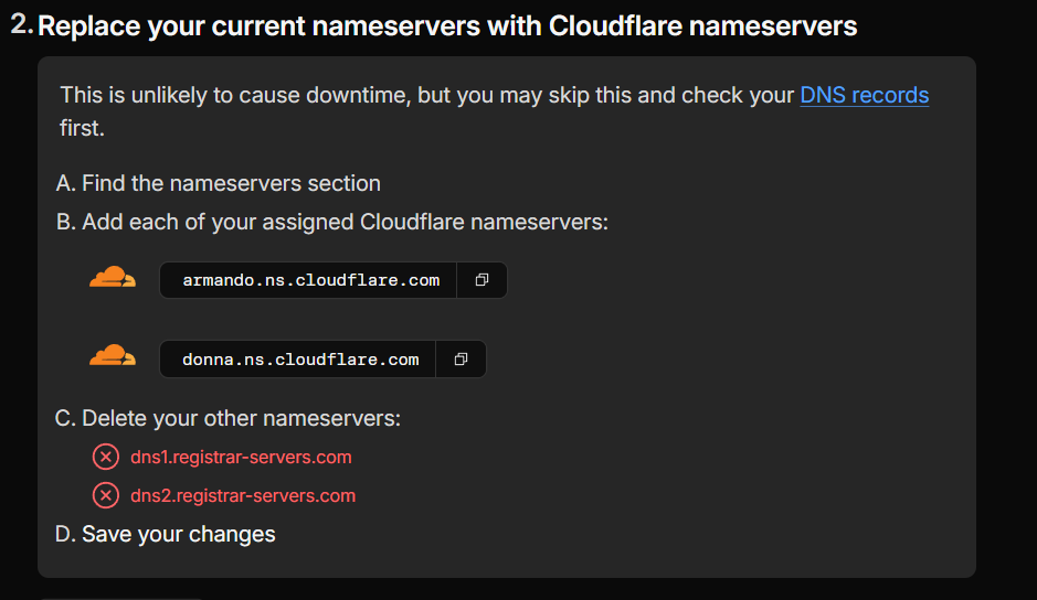 Cloudflare showing the two nameserver values to copy into Namecheap