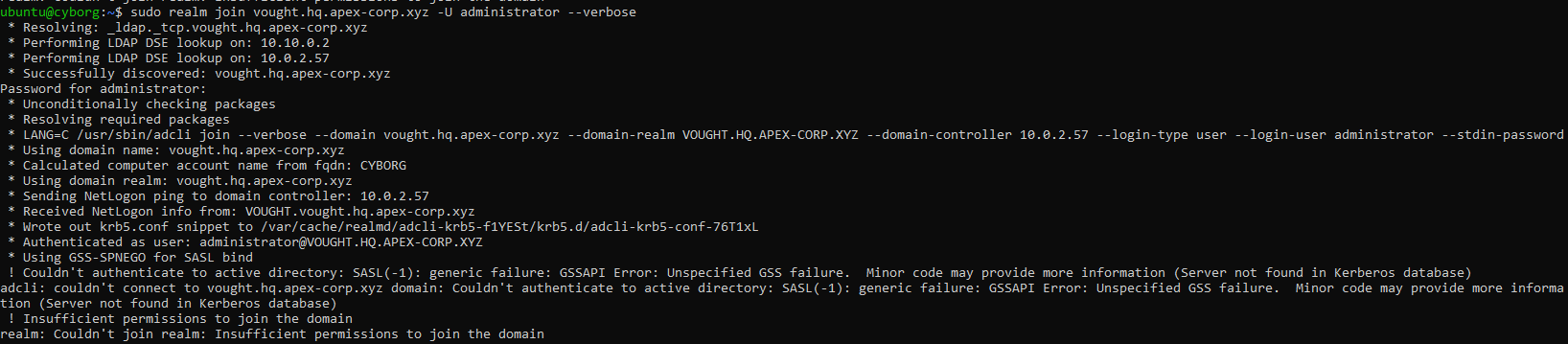 realm join output showing all LDAP checks passed but failing at the end with Couldn't join realm insufficient permissions error