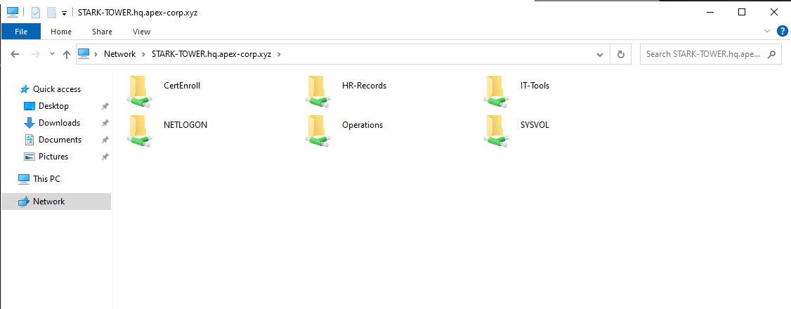 Windows File Explorer showing active network shares CertEnroll, SYSVOL, HR-Records on STARK-TOWER