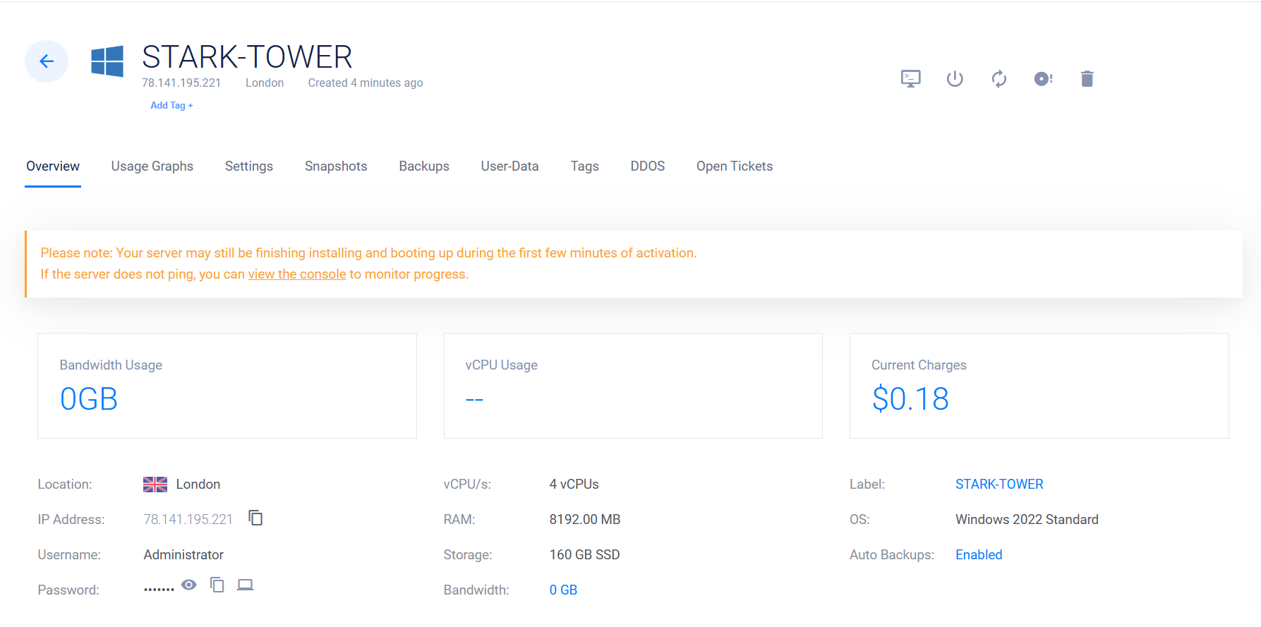 Vultr dashboard showing STARK-TOWER VPS running with its public IP, username and password