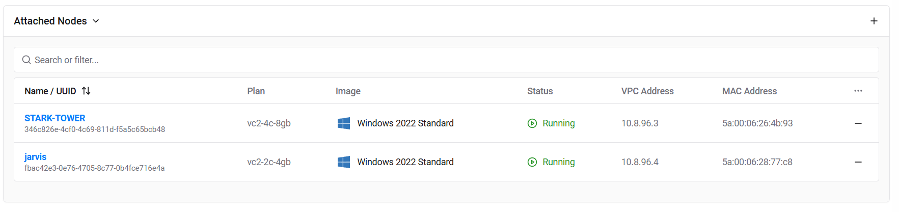Vultr instances dashboard showing STARK-TOWER and the new FLATIRON machine both running