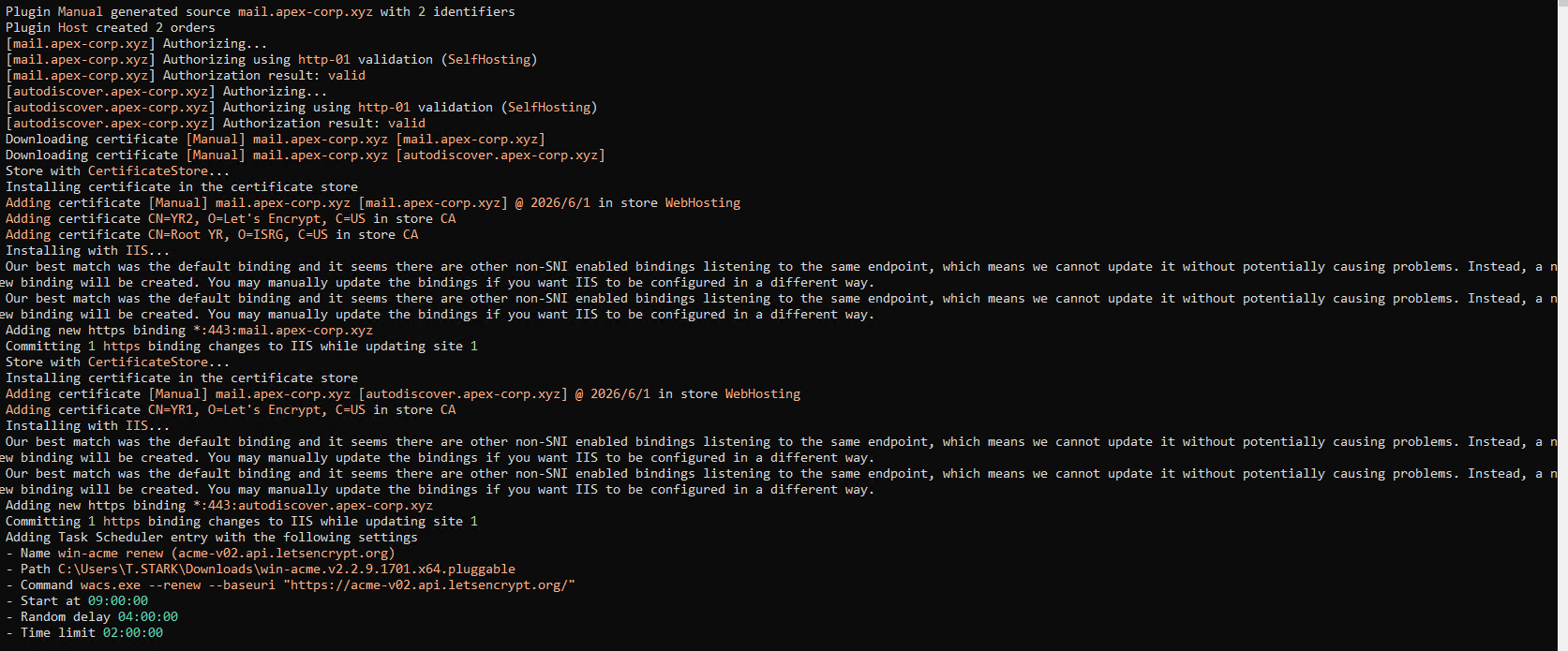 Win-ACME command line utility output showing SSL certificate creation and IIS binding setup
