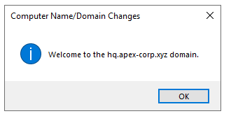 Windows showing Welcome to hq.apex-corp.xyz message after successful domain join