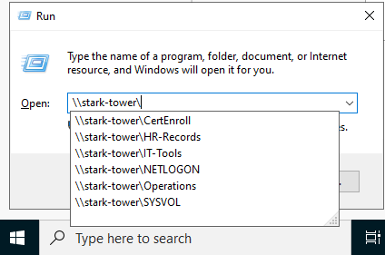 Windows Run dialog with \\STARK-TOWER\ entered and SMB share list visible