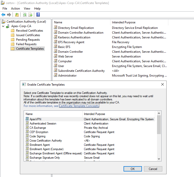 certsrv.msc showing the ApexVPN template selected in the Certificate Templates to Issue dialog