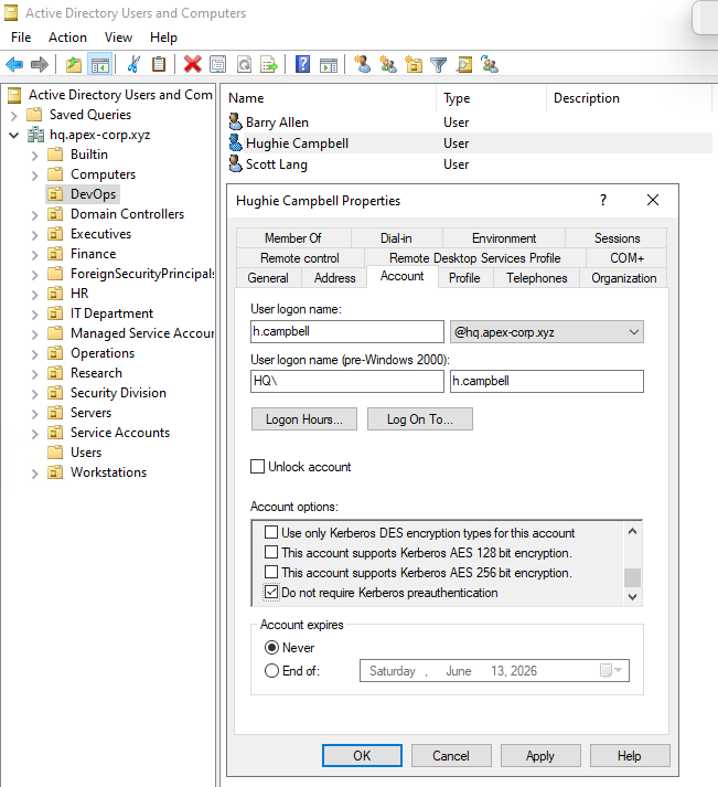 Active Directory Users and Computers showing the Account tab with Do not require Kerberos preauthentication checked on a user